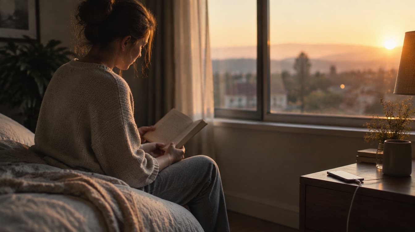 Someone reading a paperback by a window at dawn, phone face down on the bedside table.