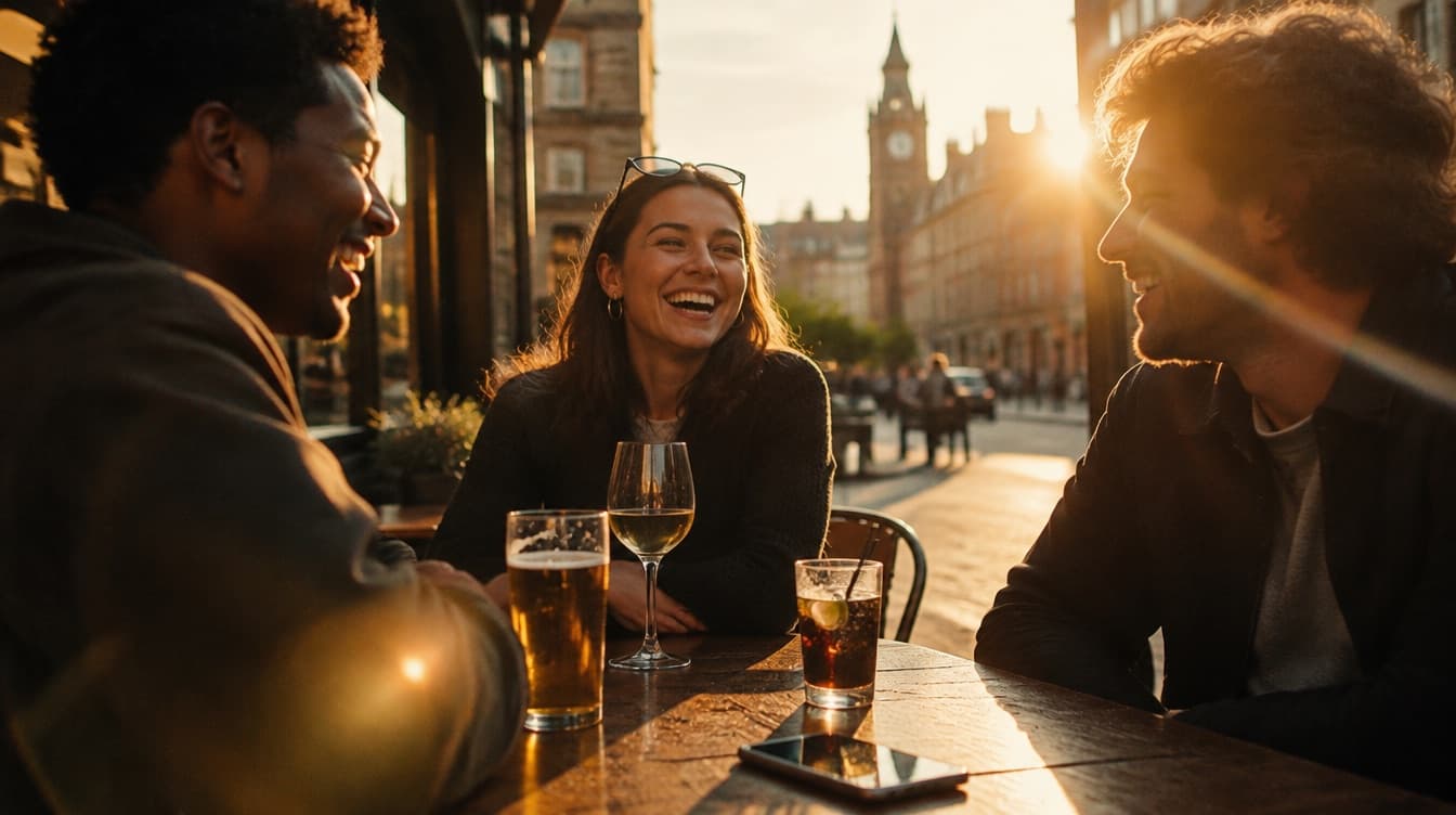 Three friends laughing at an outdoor table at golden hour, a phone face down between them.